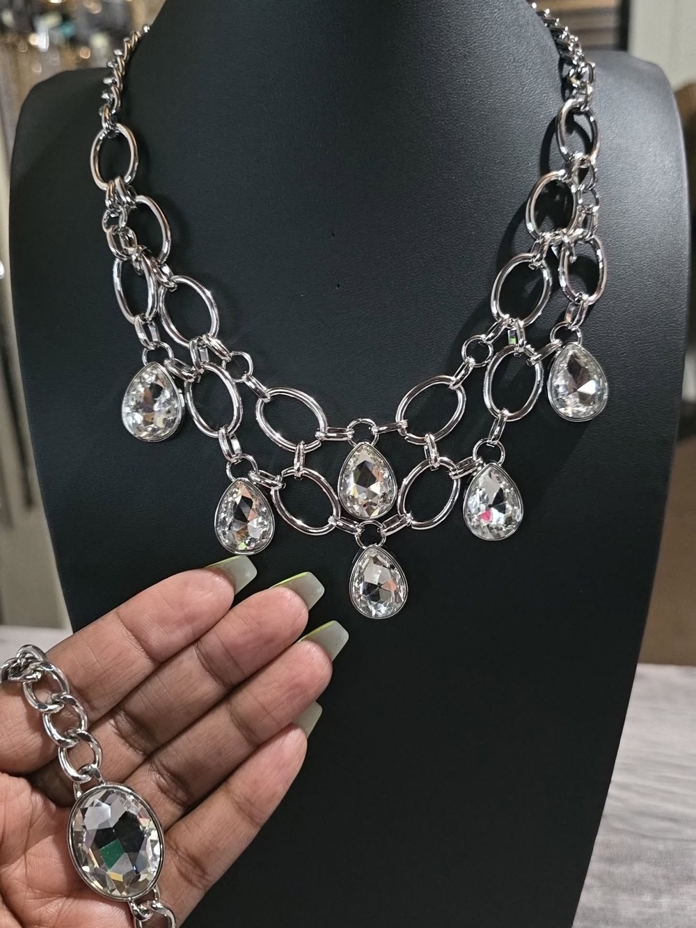 paparazzi Silver-Tone Teardrop Crystal Statement Necklace